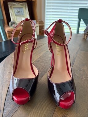 Patent Peep-Toe Ankle-Strap Heels in Black and Red